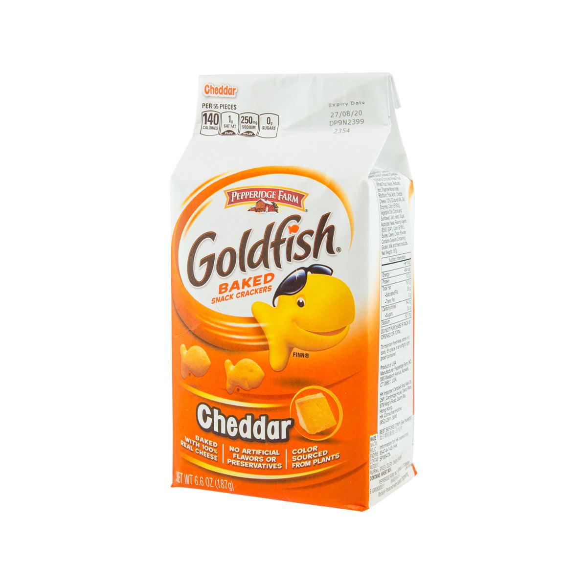Cheddar Goldfish baked snack crackers bag, 187 g, side view with orange front