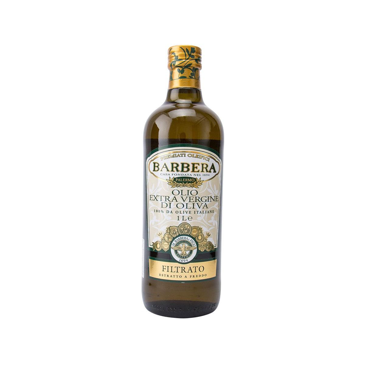 Extra virgin olive oil bottle with M.BARBERA&FIGLI Filtrato label, 1L glass container