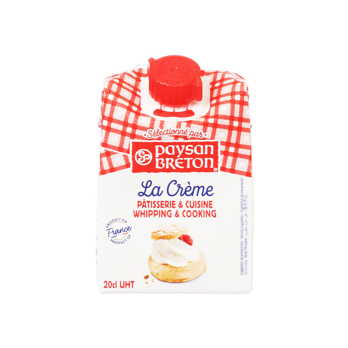 Whipping cream UHT 200 ml carton with red-and-white check design and cap