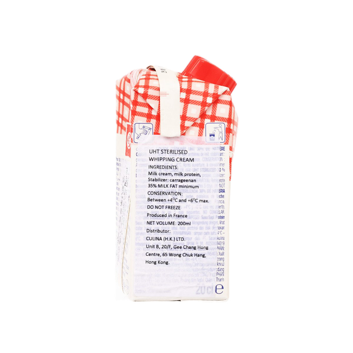 UHT sterilised whipping cream 200 ml carton back label with storage instructions