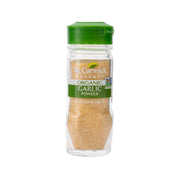 Organic garlic powder jar with green cap and beige spice fill