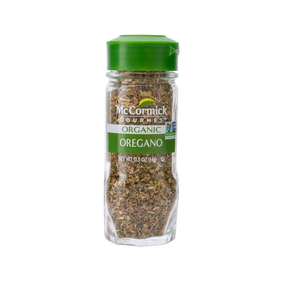MCCORMICK Organic Oregano spice jar, clear shaker with green lid and label