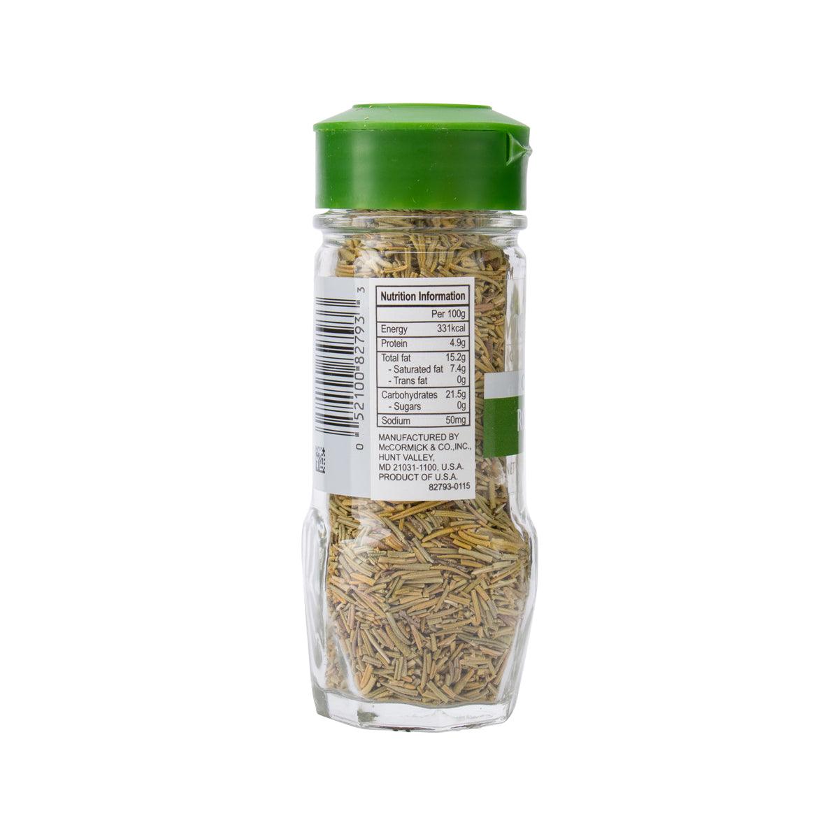 McCormick organic rosemary seasoning, 18g jar with nutrition label on back