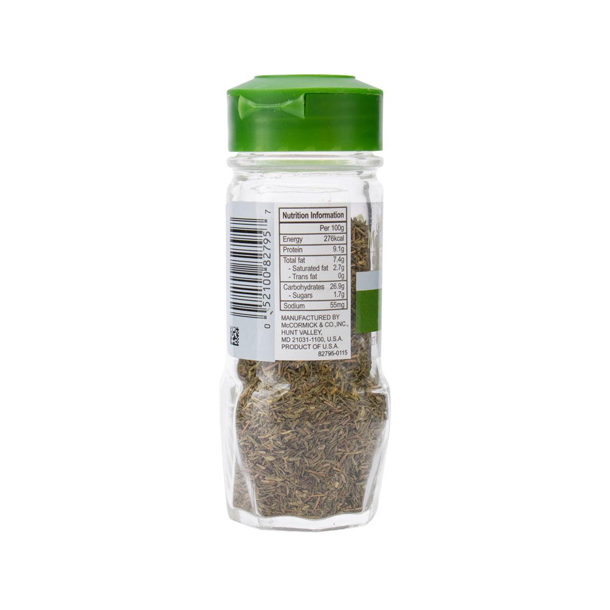MCCORMICK Organic thyme jar back label with dried thyme and green cap
