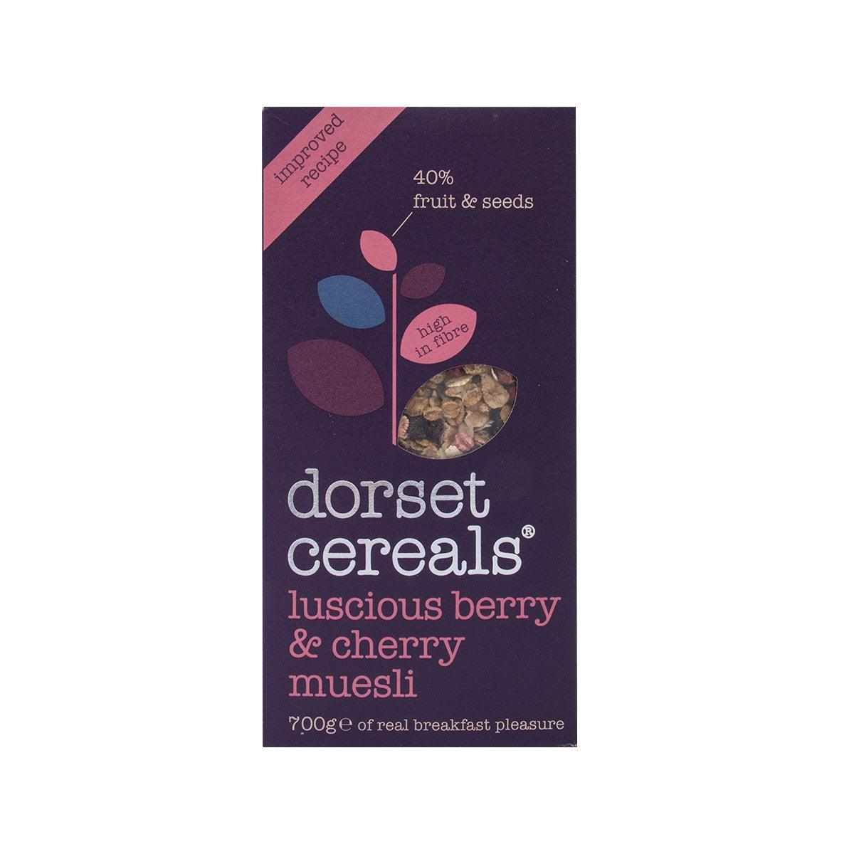 Dorset cereals luscious berry & cherry muesli box, 600g, front panel