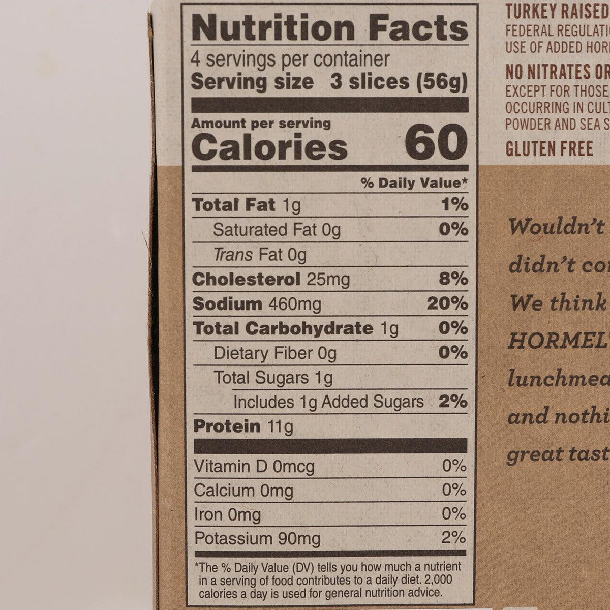 Nutrition Facts label for deli turkey: 60 calories, 11g protein, gluten free