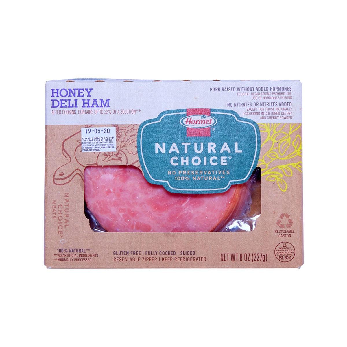 HORMEL Natural Choice Honey Deli Ham package, sliced pink ham in seal tray