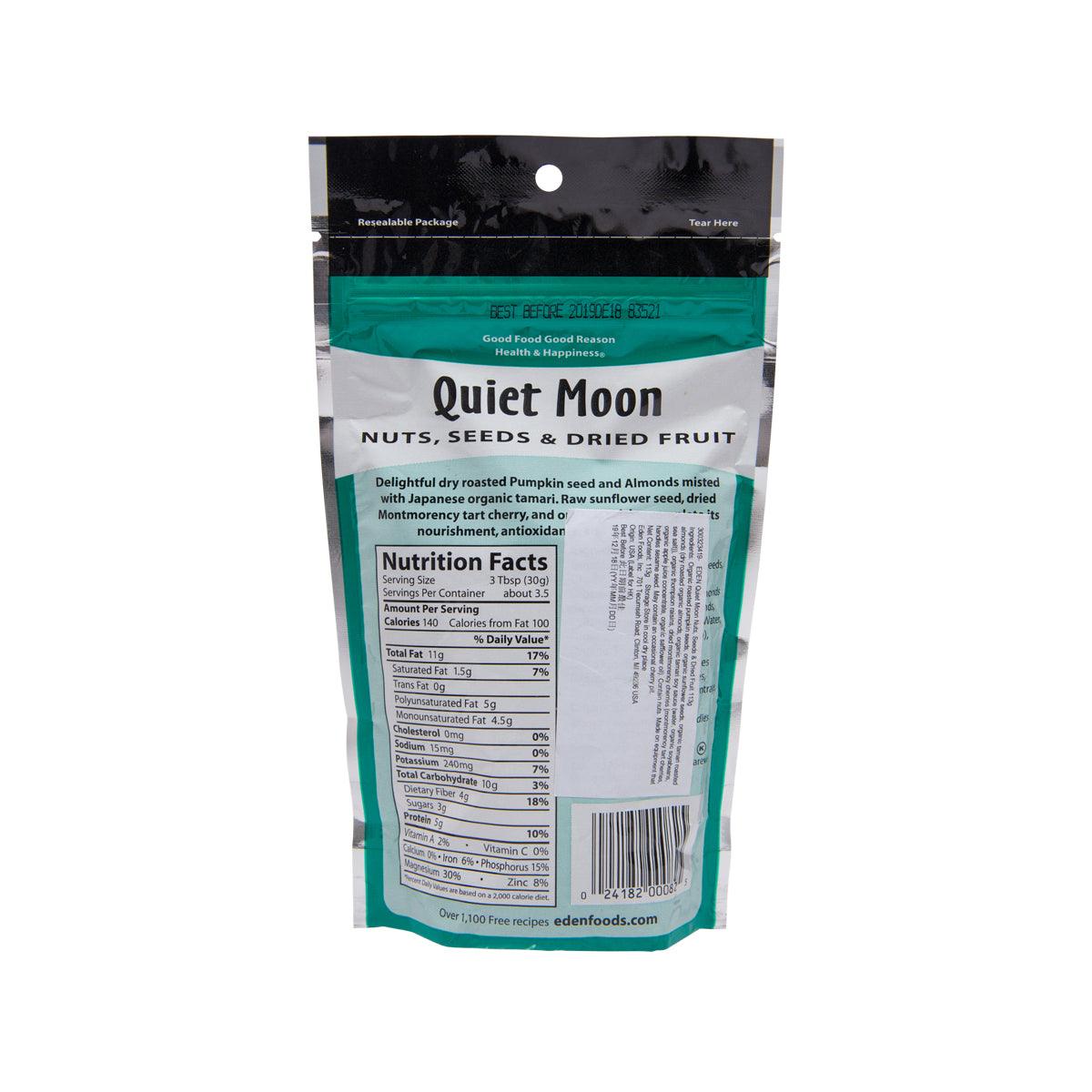 EDEN Selected Quiet Moon nuts, seeds & dried fruit bag with nutrition facts