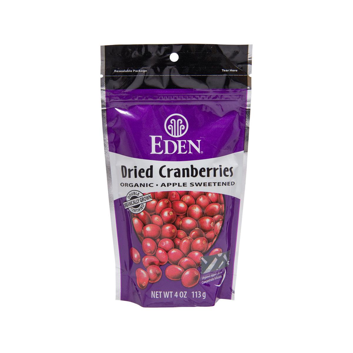 EDEN dried cranberries organic bag, red cranberry fruit graphic, net wt 113g