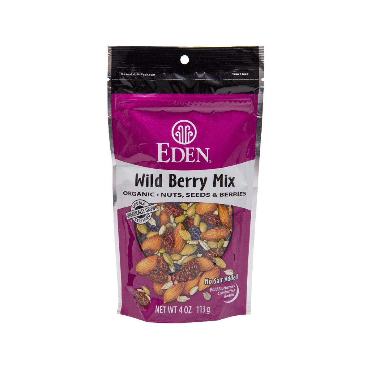 EDEN organic wild berry mix pouch, purple front with nuts, seeds & berries