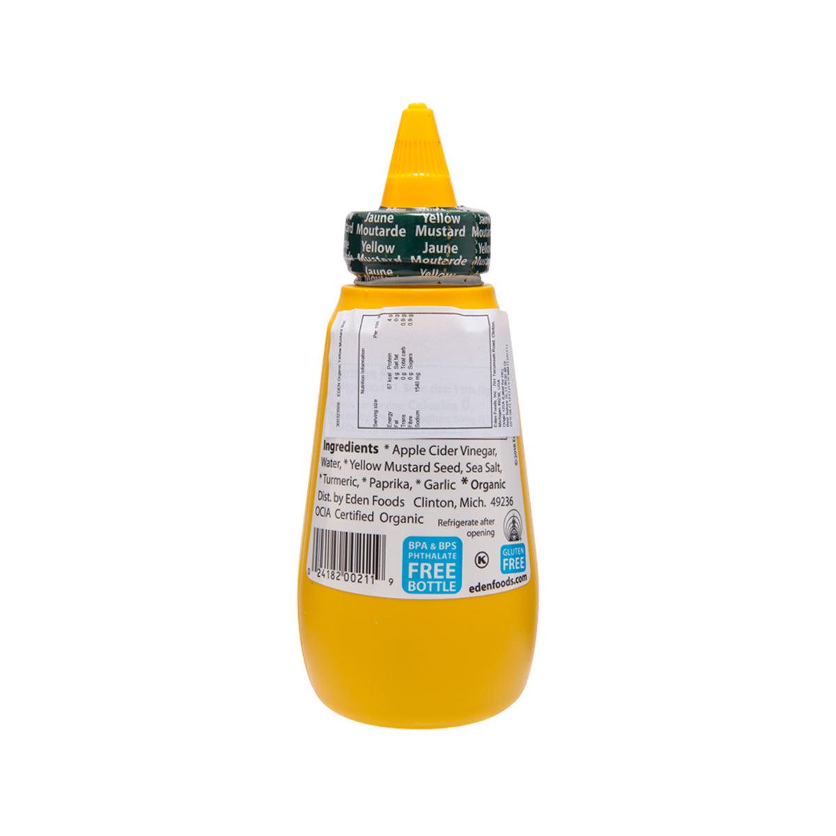 EDEN organic yellow mustard bottle back label with ingredients, barcode, and BPA-free