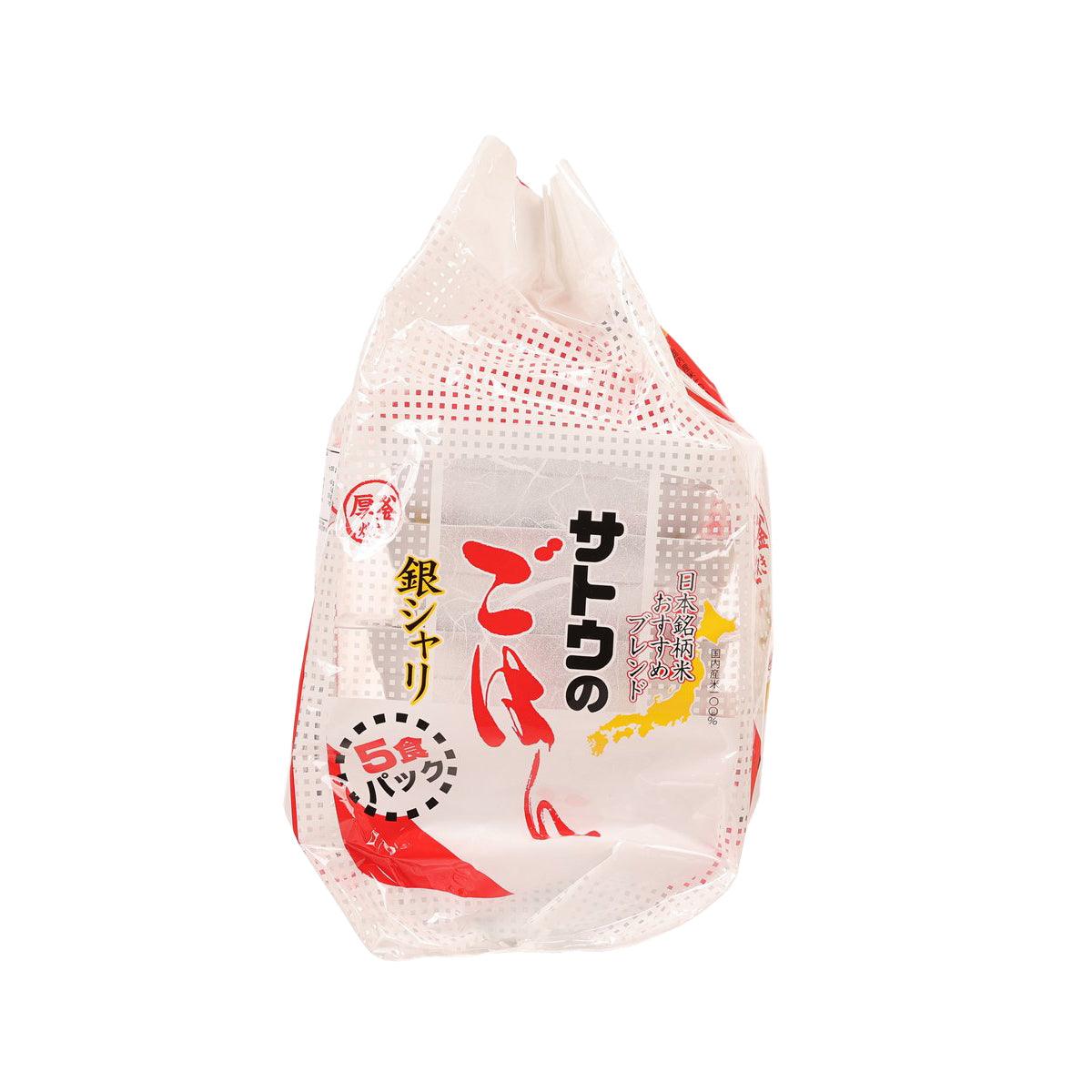 Instant rice packet front view, white bag with red label and Japanese characters