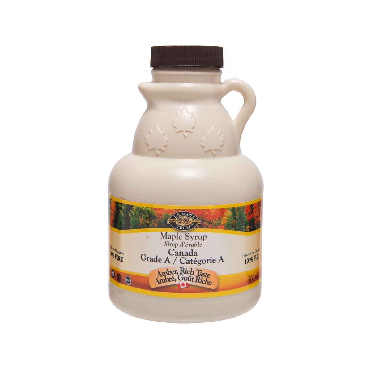 Maple syrup bottle with Grade A amber rich taste label, Canada