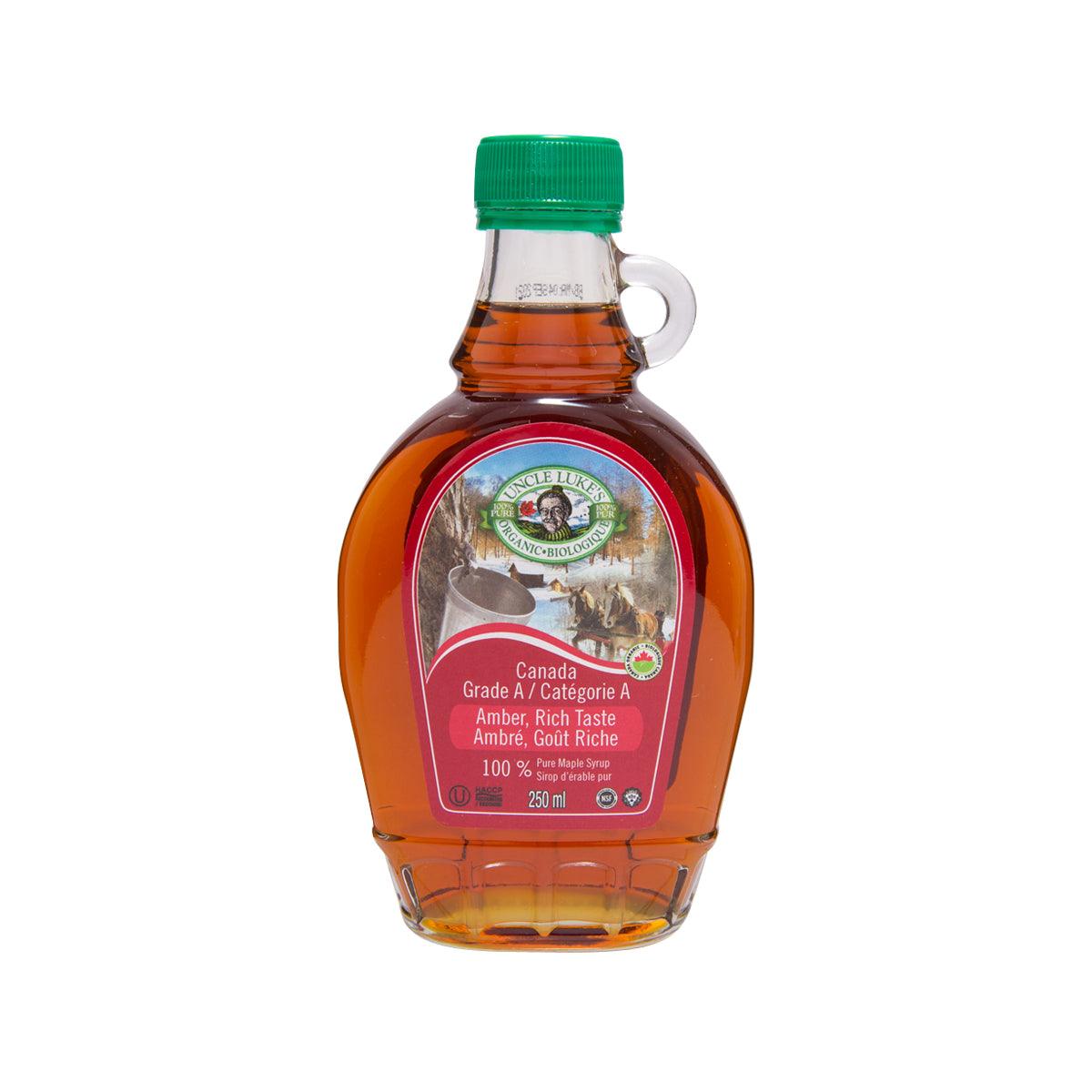 Uncle Luke's Grade A amber maple syrup bottle, green cap, front label, 250 mL