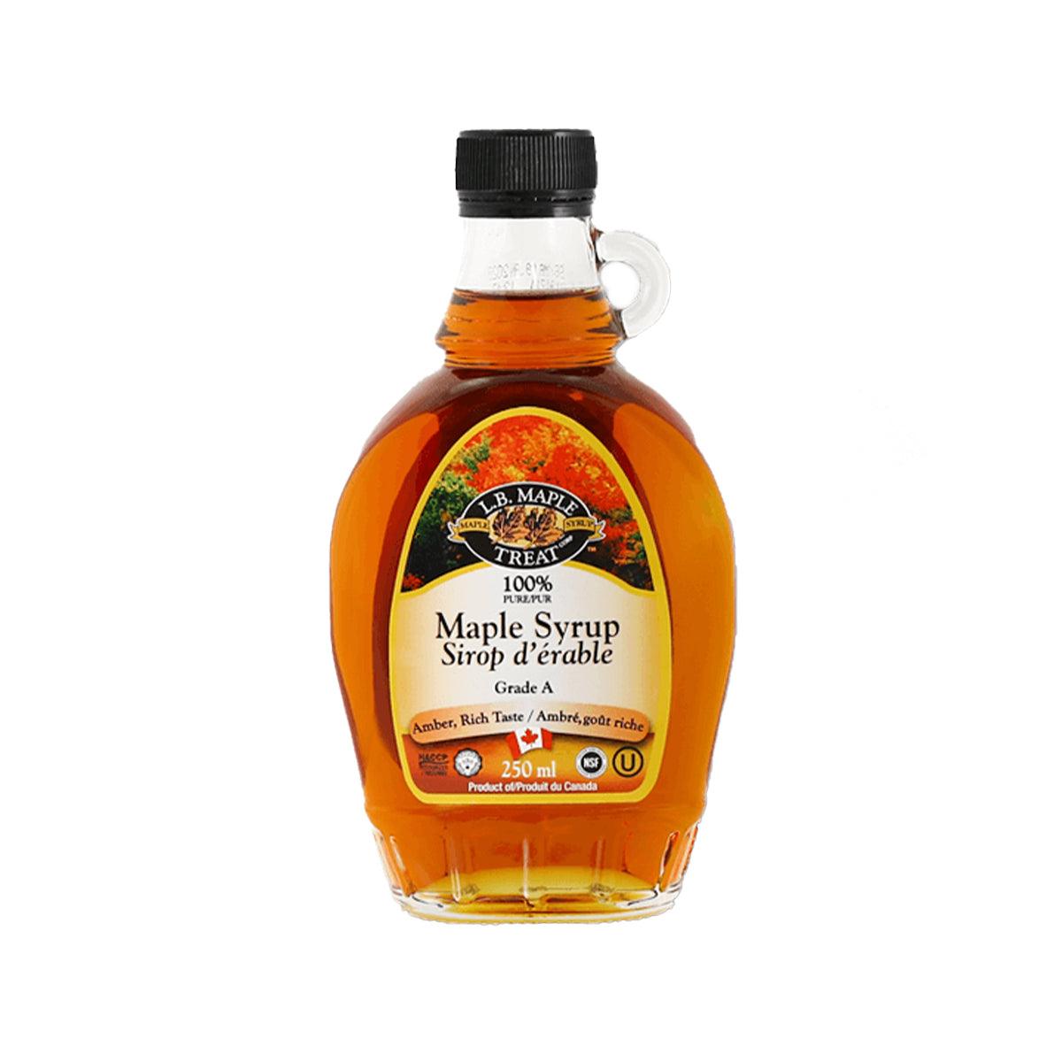 Amber pure maple syrup bottle with black cap and handle, 250 mL glass