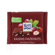 Milk chocolate bar wrapper with raisins and hazelnuts, 100 g, Ritter Sport front view