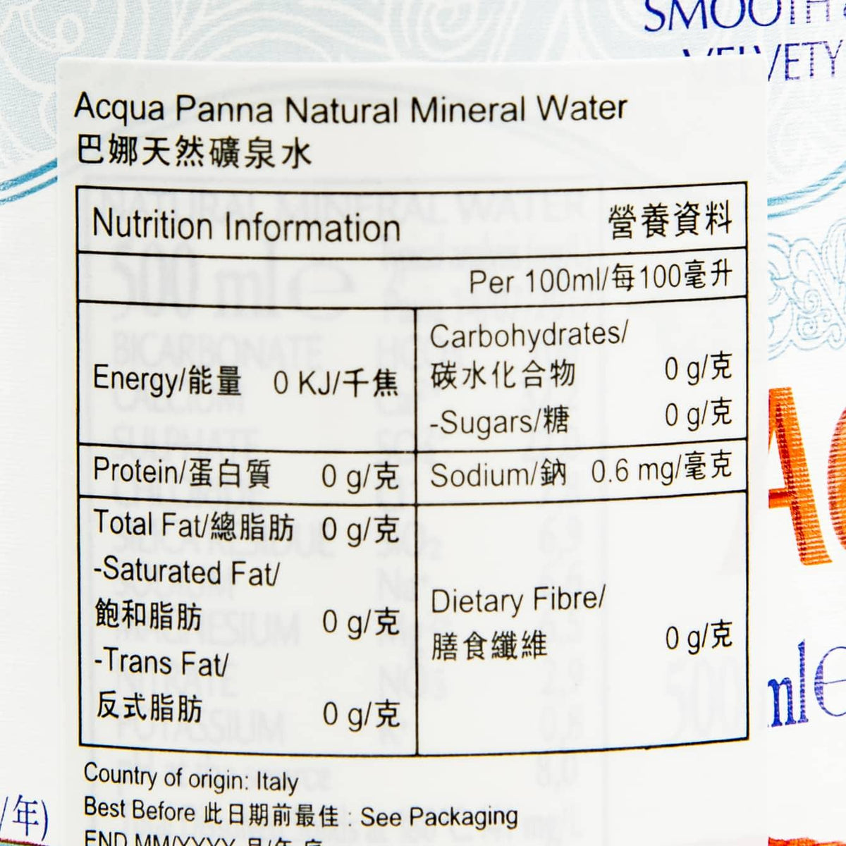 ACQUA PANNA natural mineral water nutrition facts label, per 100 ml