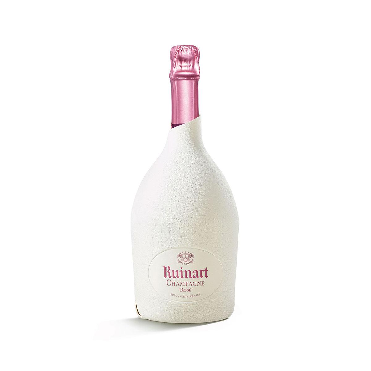 Champagne bottle with pink foil top and Ruinart Champagne Rose label, 750 mL.