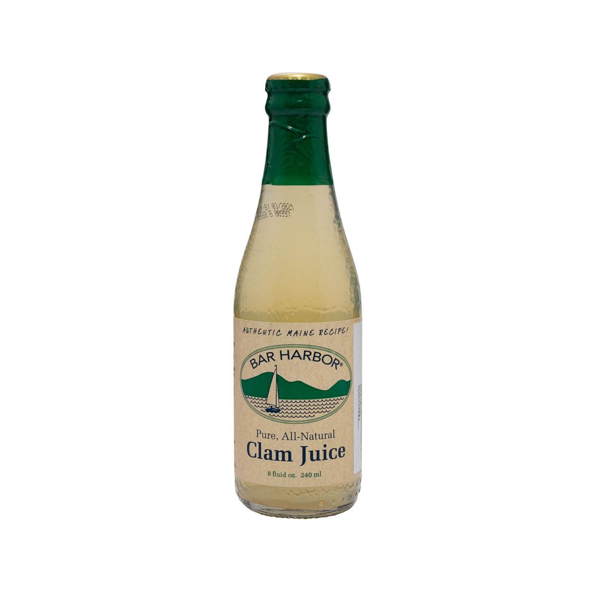 BAR HARBOR clam juice, 240 mL bottle with green cap and amber liquid