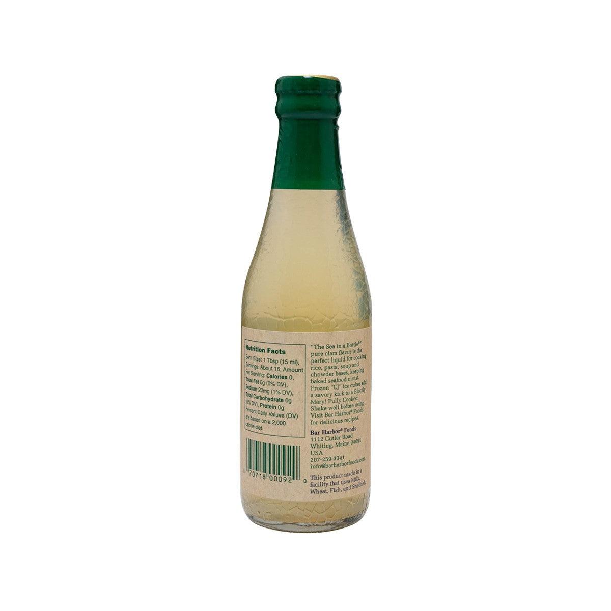 BAR HARBOR clam juice bottle with green cap; rear nutrition label on 240 mL