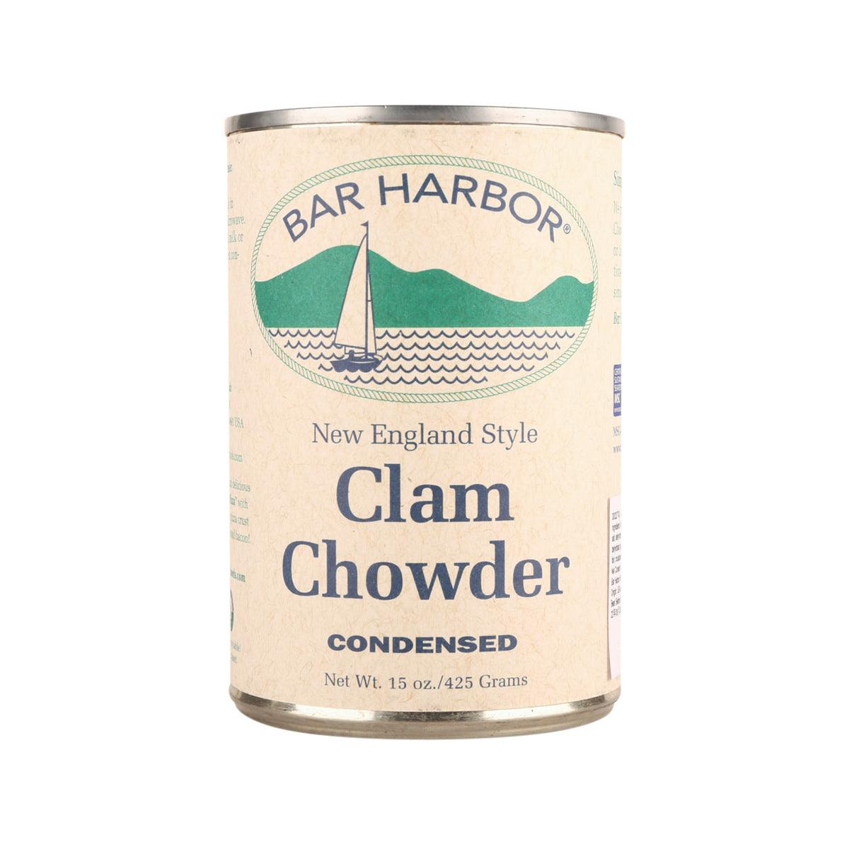 Clam chowder condensed soup can with front label and sailboat logo.