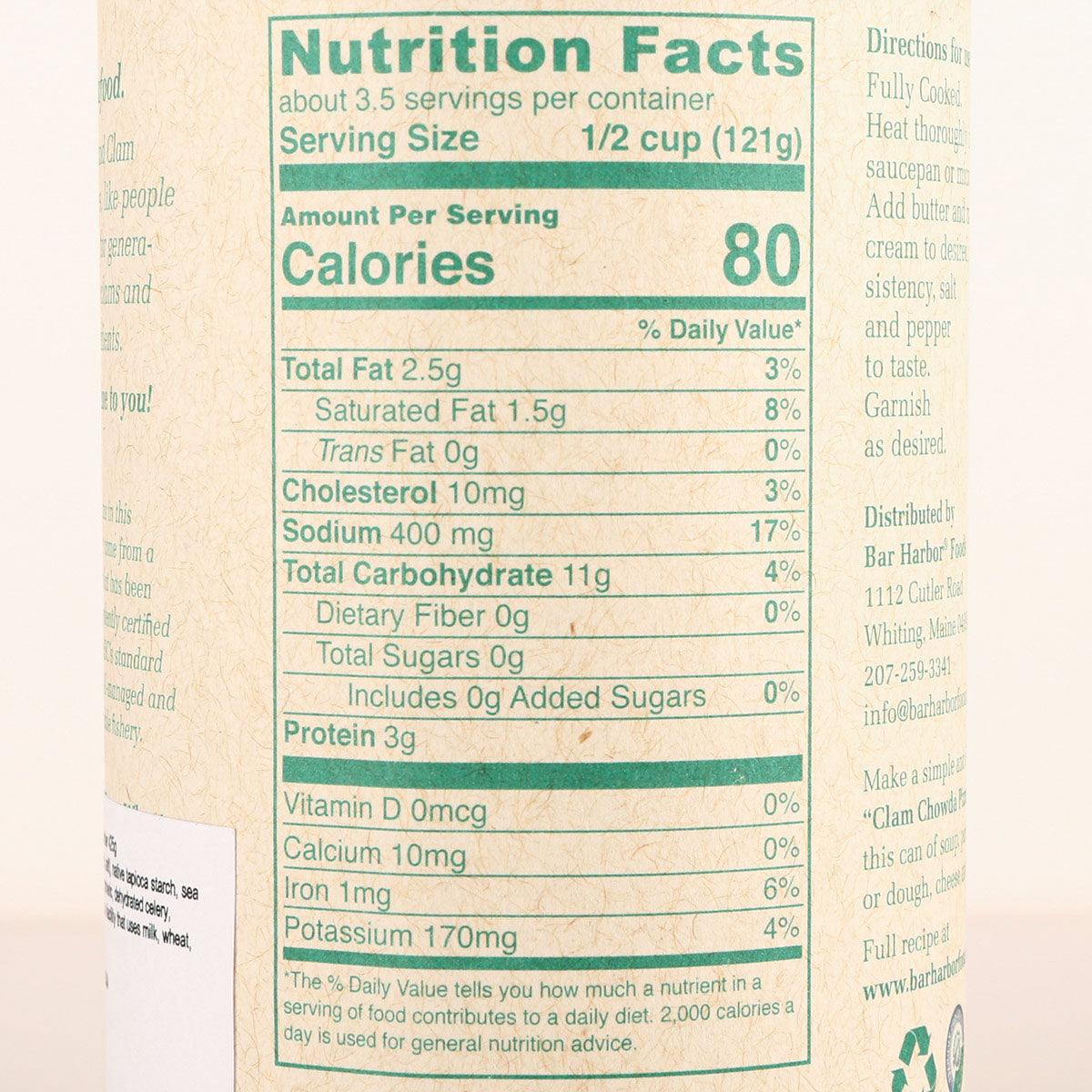 Nutrition Facts panel for condensed clam chowder, with serving size and calories.
