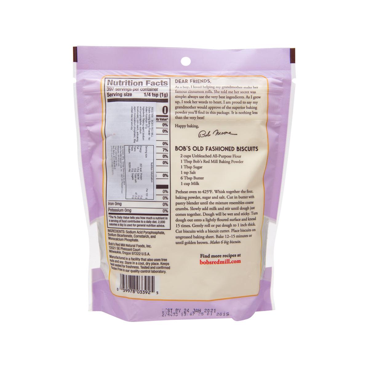 Double-acting baking powder pouch, nutrition facts panel on back, purple and white