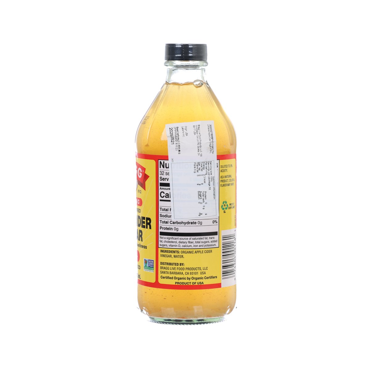 BRAGG Organic raw unfiltered apple cider vinegar, barcode label bottle, 473 mL