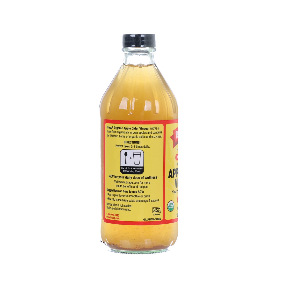 BRAGG Organic raw unfiltered apple cider vinegar, back label bottle, 473 mL