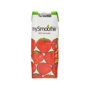 Strawberry smoothie carton with green cap, mySmoothie branding, strawberry fruit print.