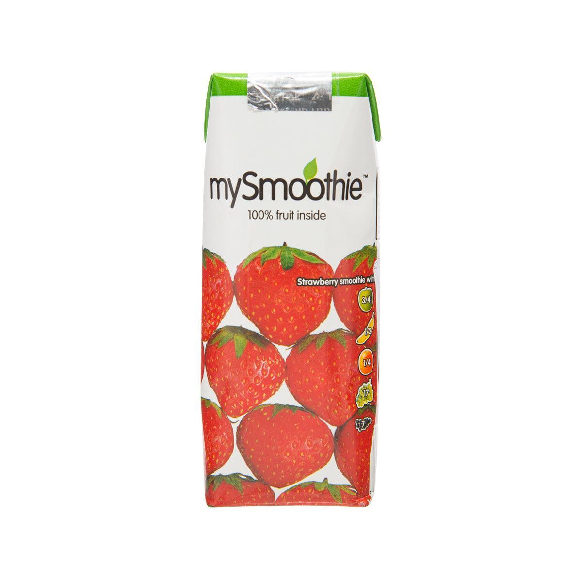 Strawberry smoothie carton with green cap, mySmoothie branding, strawberry fruit print.