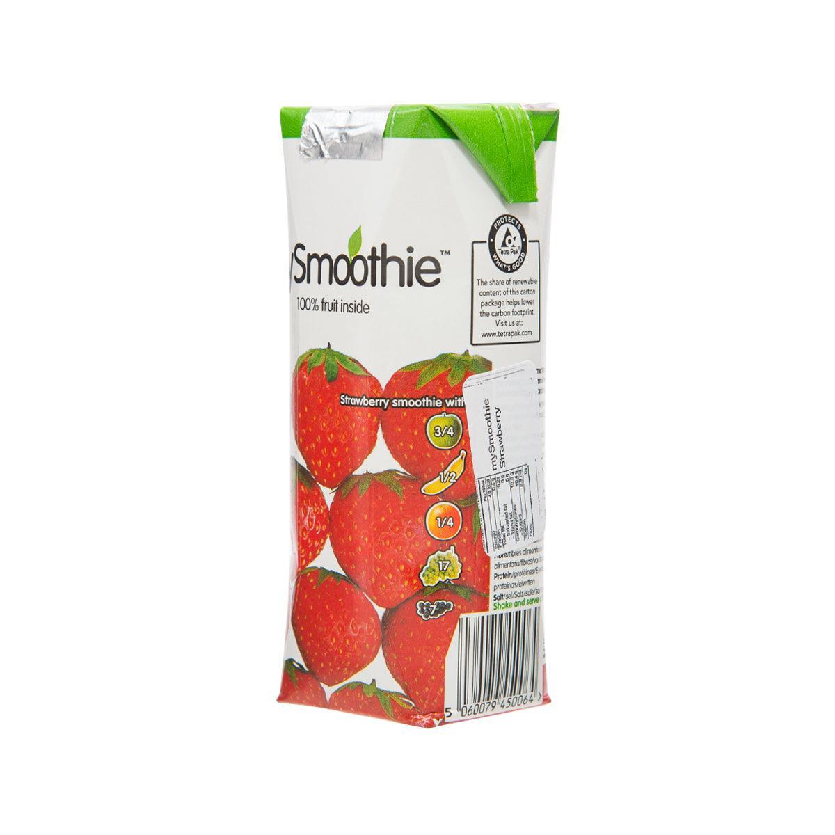 Strawberry smoothie carton side view with barcode and ingredient nutrition panel.