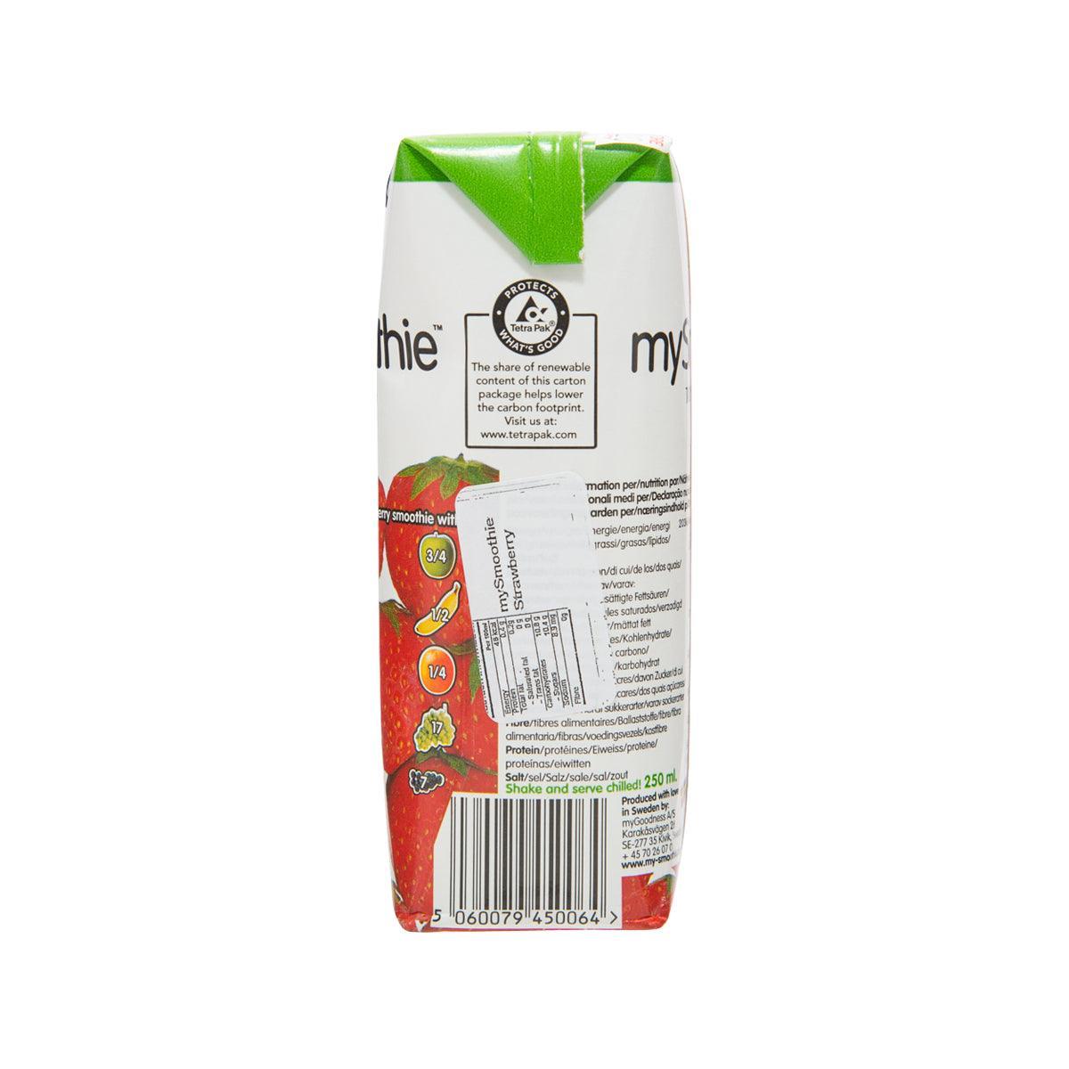 Strawberry smoothie carton back with sustainability and nutritional information blocks.