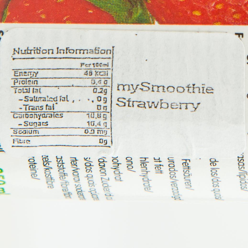 Nutrition information panel on mySmoothie Strawberry smoothie carton, energy and sugars listed.