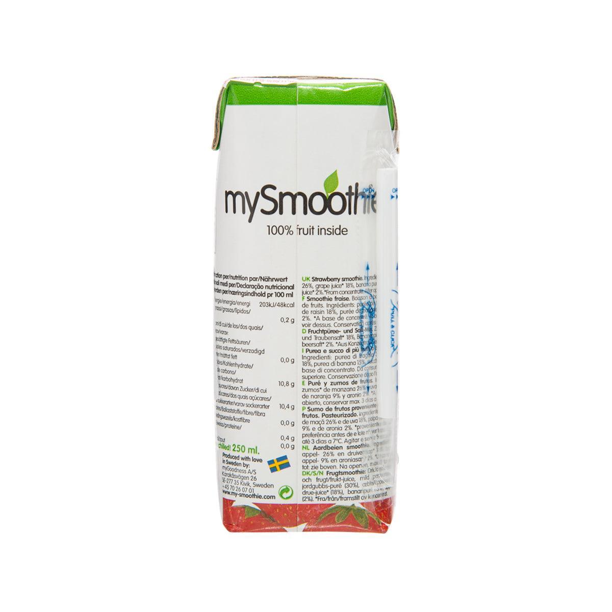 Strawberry smoothie carton back panel with ingredient and nutrition tables, green top.