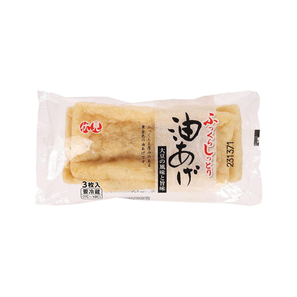 Deep-fried beancurd skin (aburaage) sealed pack with 3 pale golden pieces