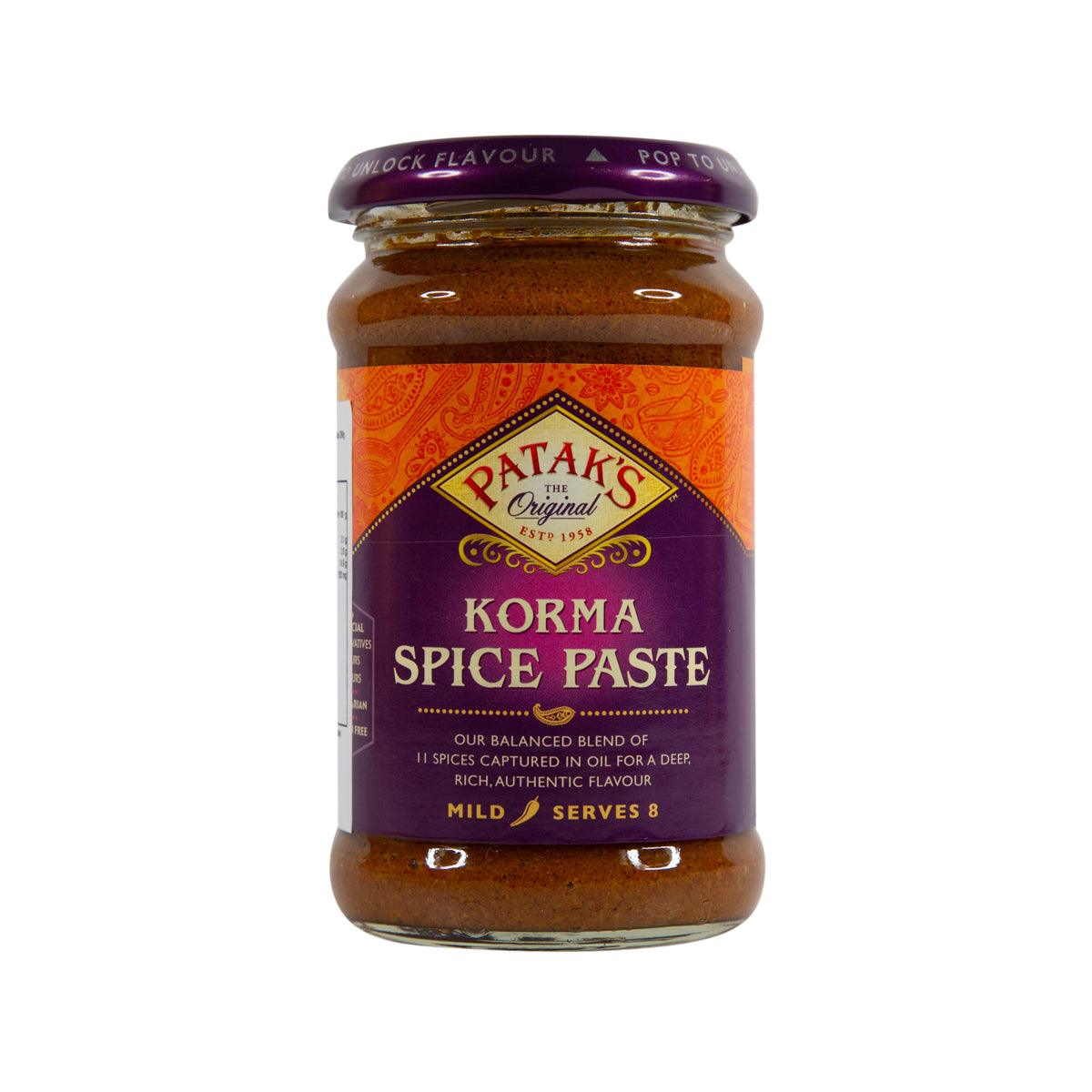 PATAK'S Korma spice paste jar with purple label and amber-brown contents