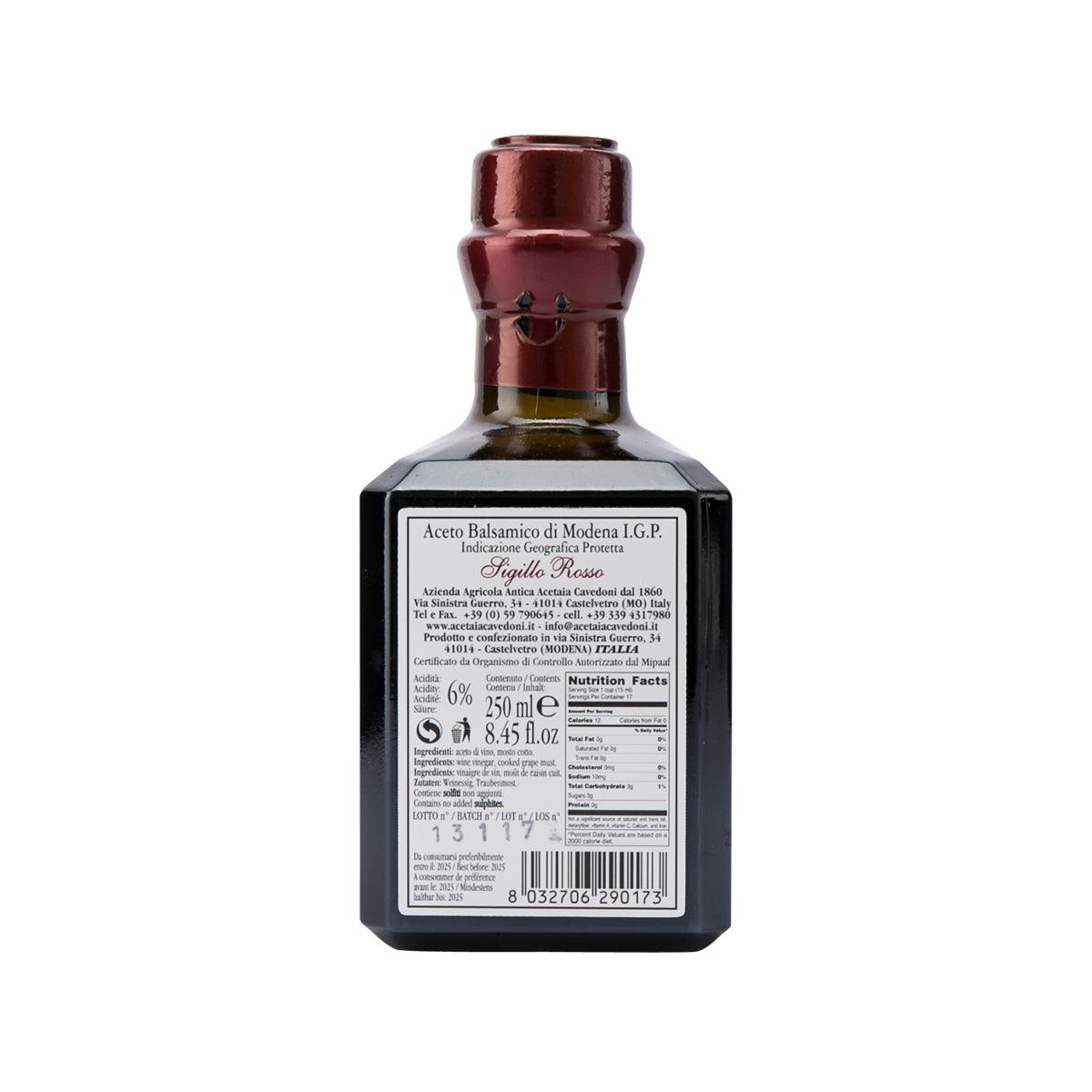 CAVEDONI balsamic vinegar bottle, back label with barcode and 250 mL