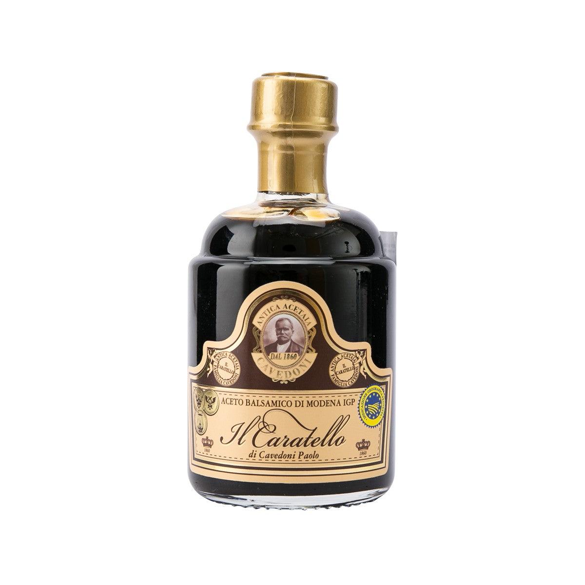 3-year aged balsamic vinegar bottle, dark glass, gold cap, decorative front label