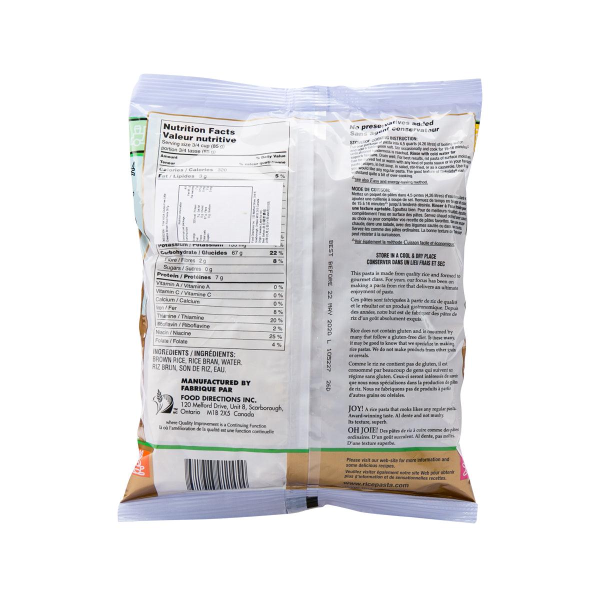 Tinkyada gluten-free brown rice pasta pouch back with nutrition facts panel