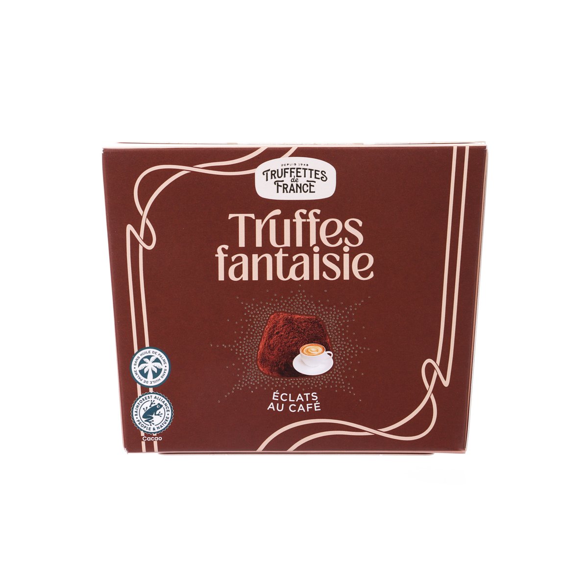 Cappuccino truffles chocolate box, maroon front with “Truffes fantaisie” coffee branding