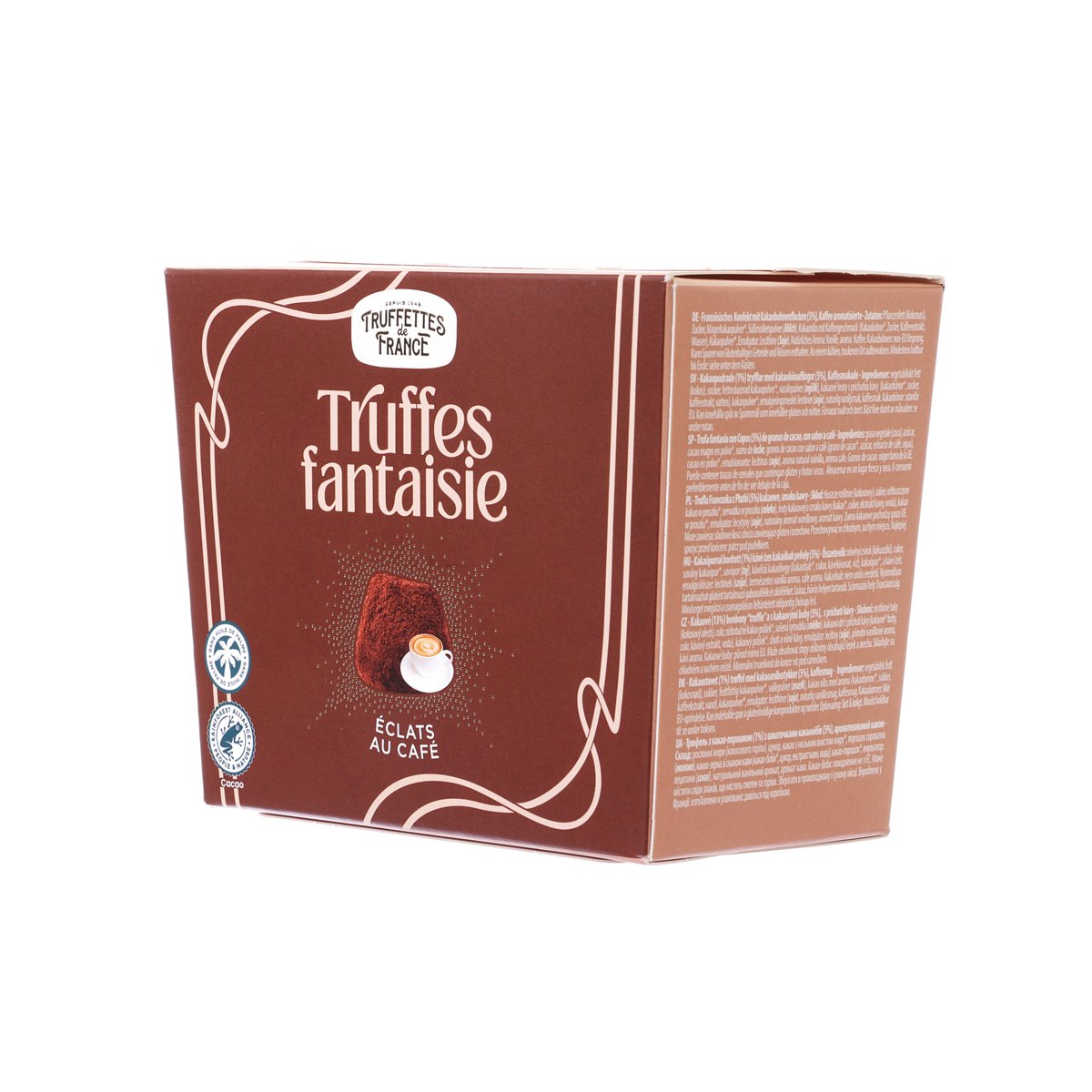 Cappuccino truffles chocolate box, maroon side with ingredient text panel