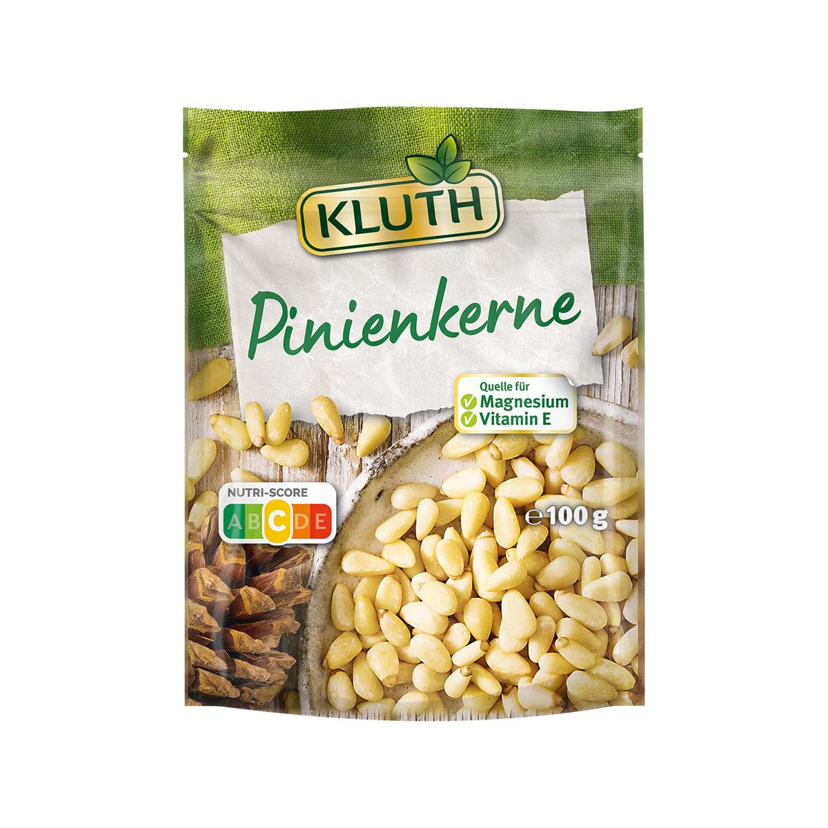 KLUTH raw pine kernels in green-and-white pouch, 100 g