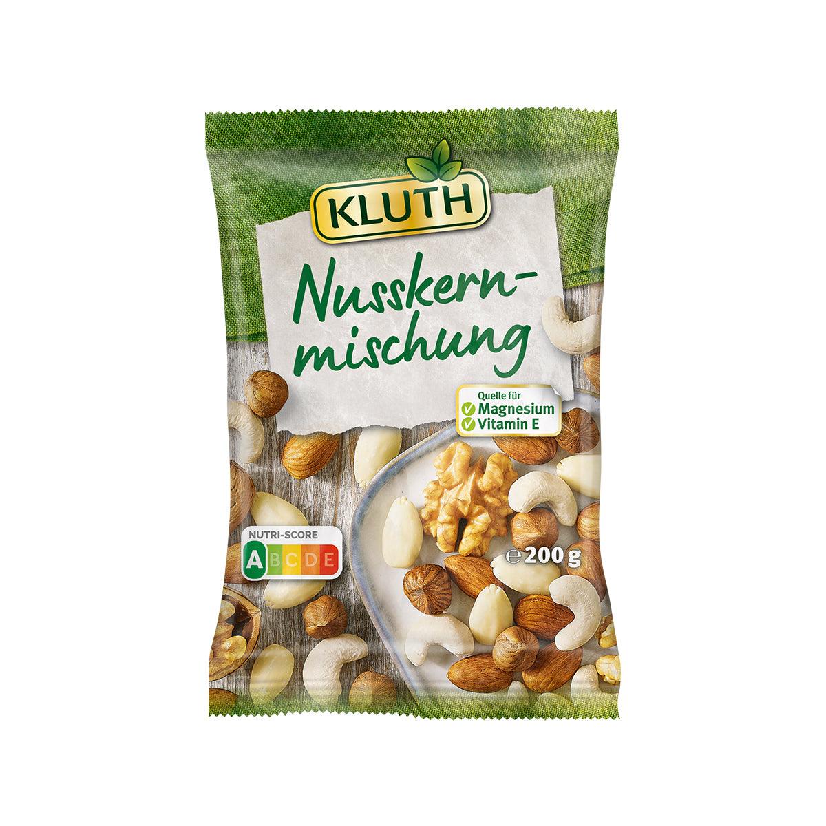 KLUTH raw nut mix pouch with mixed nuts, green and white packaging