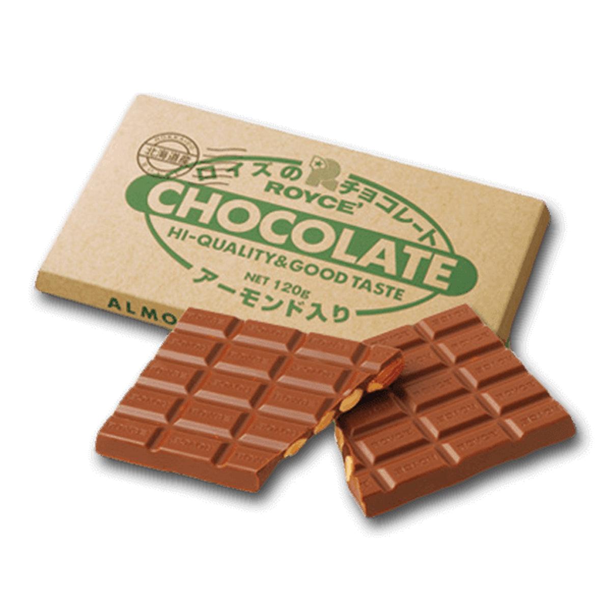 ROYCE' almond chocolate bar with embossed pieces and open foil wrapper