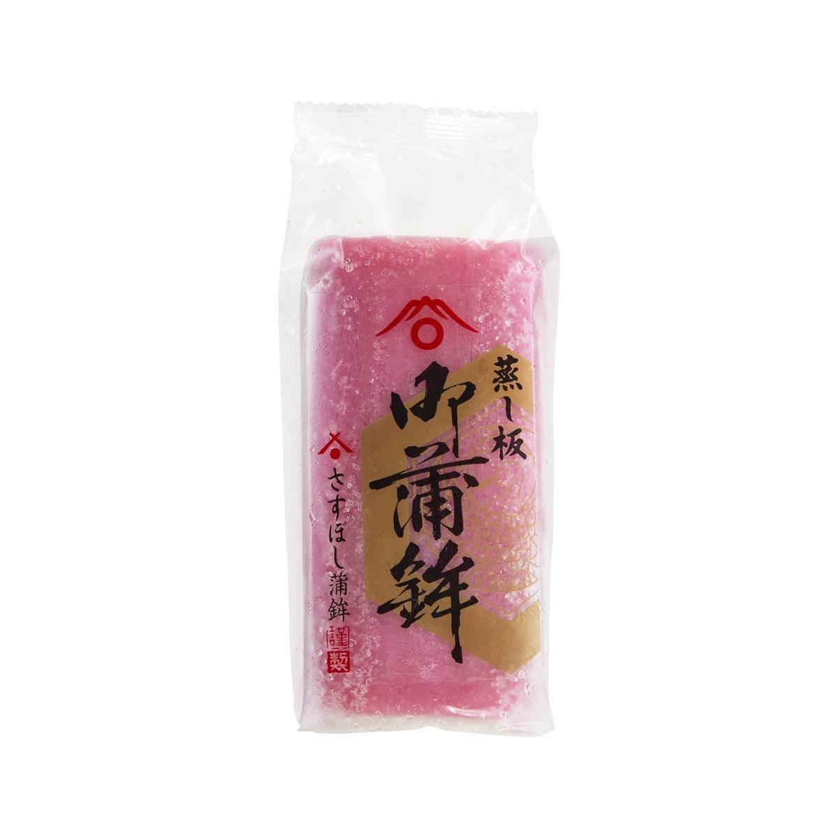 Red steamed fish cake in clear plastic package, single piece