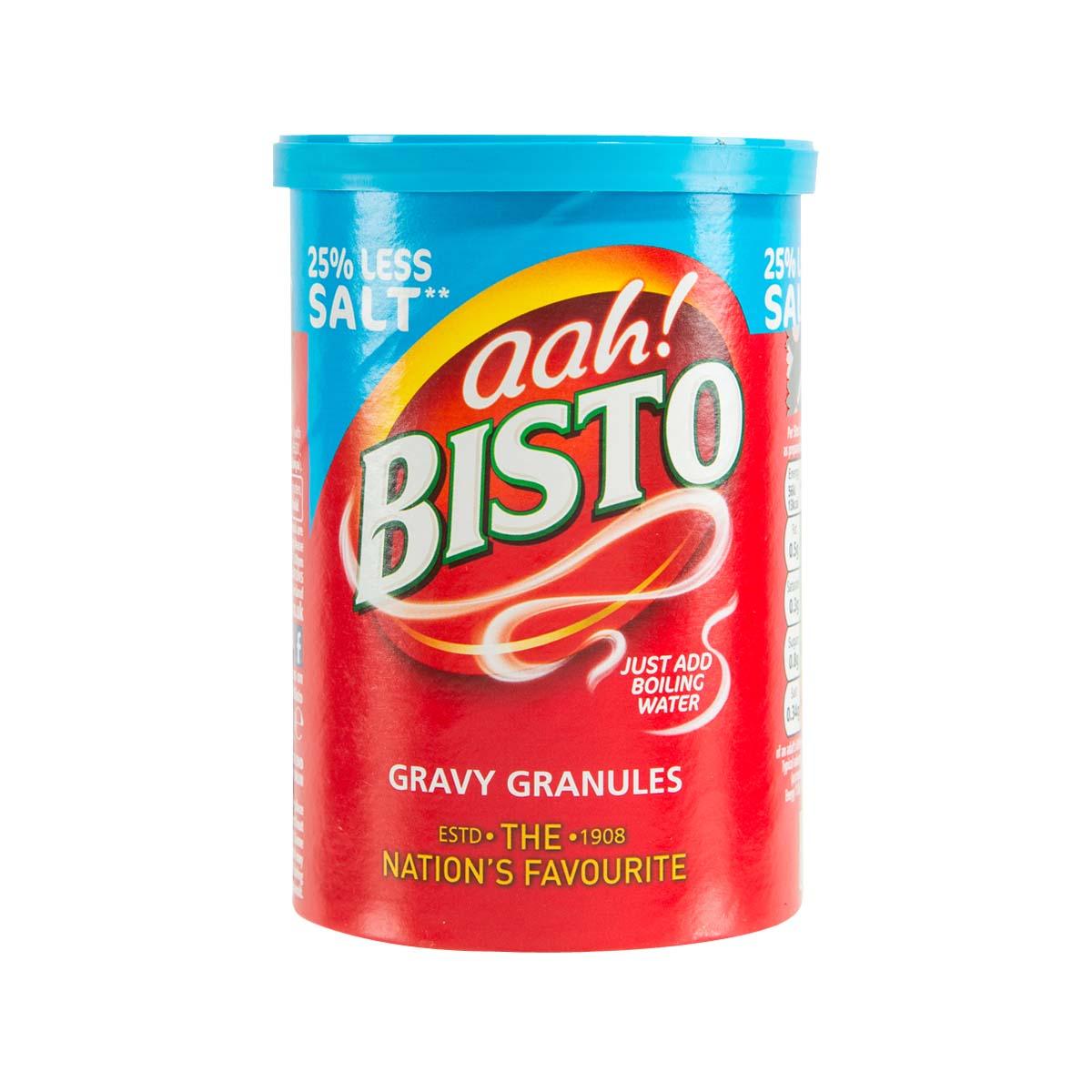 Bisto reduced salt gravy granules jar with red and blue front label
