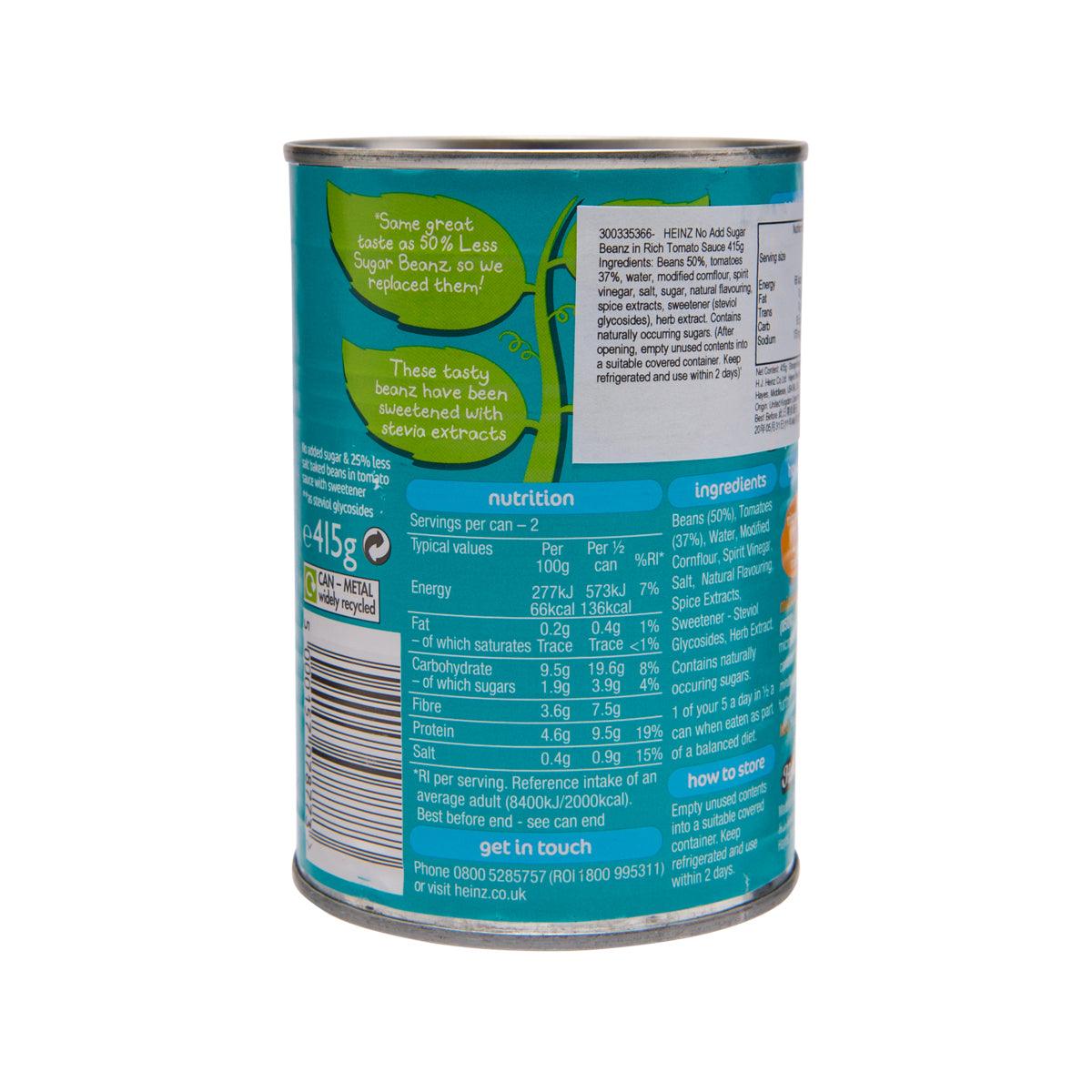 HEINZ No Added Sugar BEANZ can back with nutrition facts panel