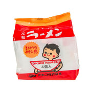 OKIKO instant ramen noodle packet, red and white front with logo and cartoon