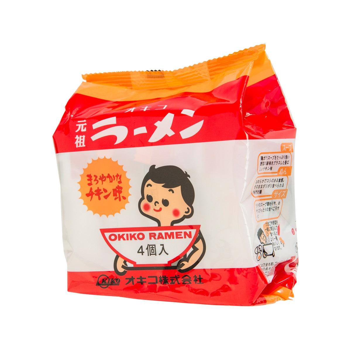 OKIKO instant ramen packet, red and white front with side label text